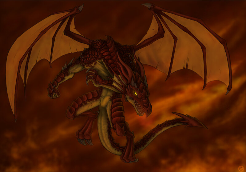 Red dragon in fiery sky