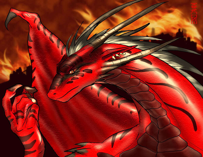 Red dragon in fire