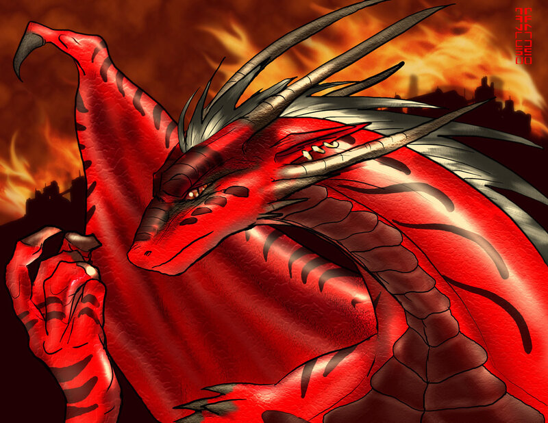 Red Dragon in Flames — Dramatic, Night