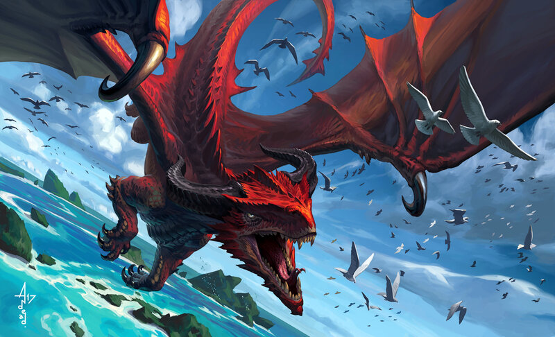 Red Dragon in Flight — Dramatic, Afternoon, Digital Art