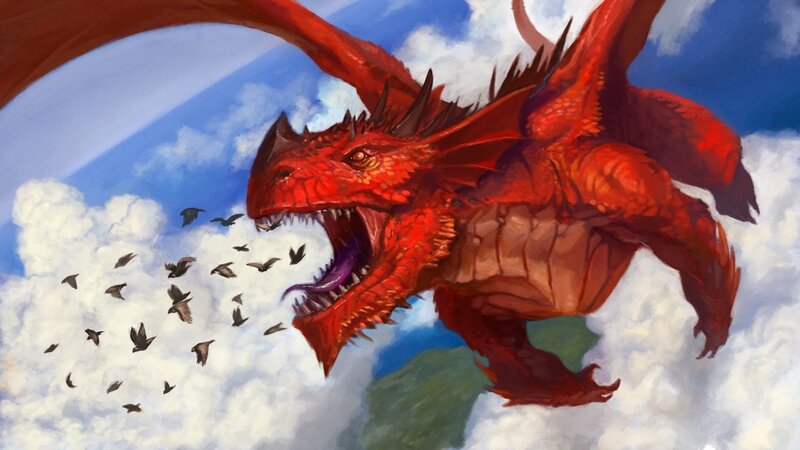 Red Dragon in Flight — Dramatic, Digital Art, Clouds