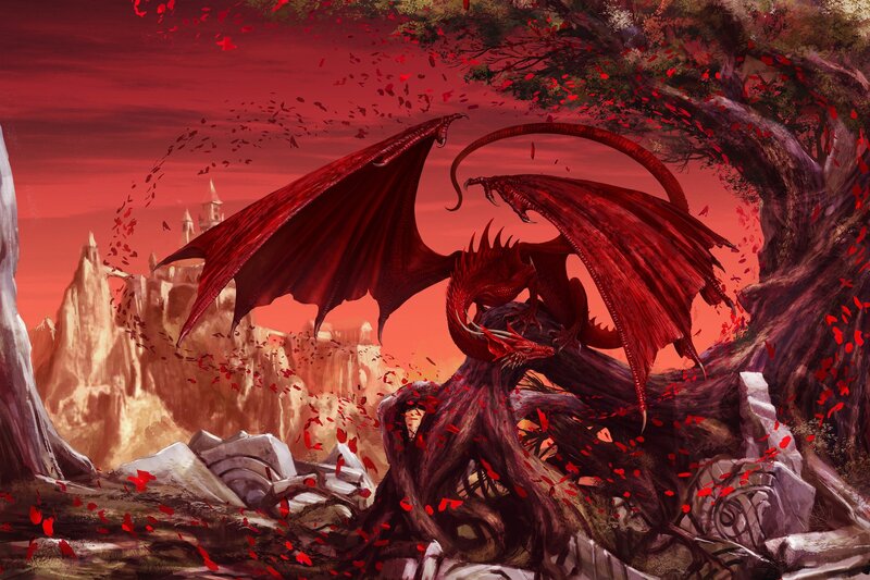 Red Dragon in Forest — Dramatic, Sunset, Digital Art, Castle