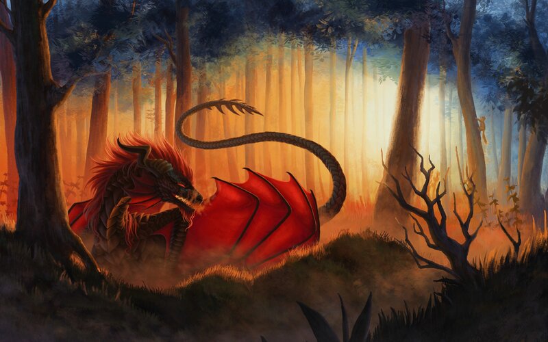 Red Dragon in Forest — Dramatic, Sunset, Digital Art