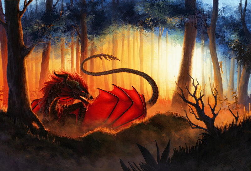 Red Dragon in Forest — Dramatic, Sunset