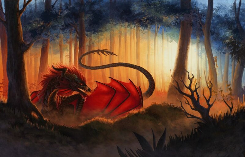 Red Dragon in Forest — Dramatic