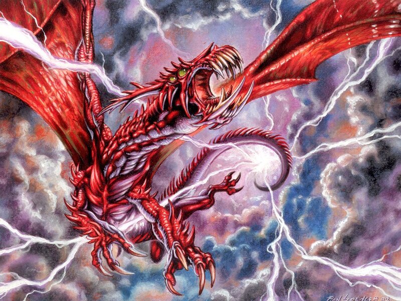 Red dragon in storm