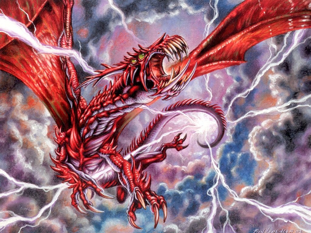 Red dragon in storm
