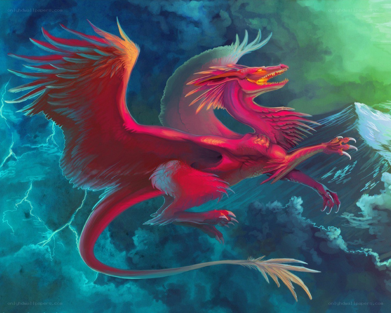 Red dragon in stormy sky