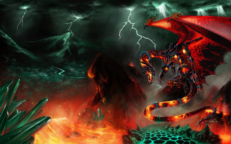Red Dragon in Volcanic Landscape