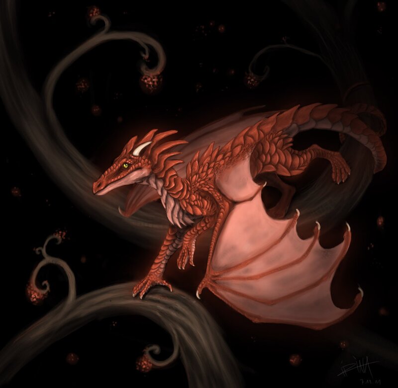 Red dragon on a branch