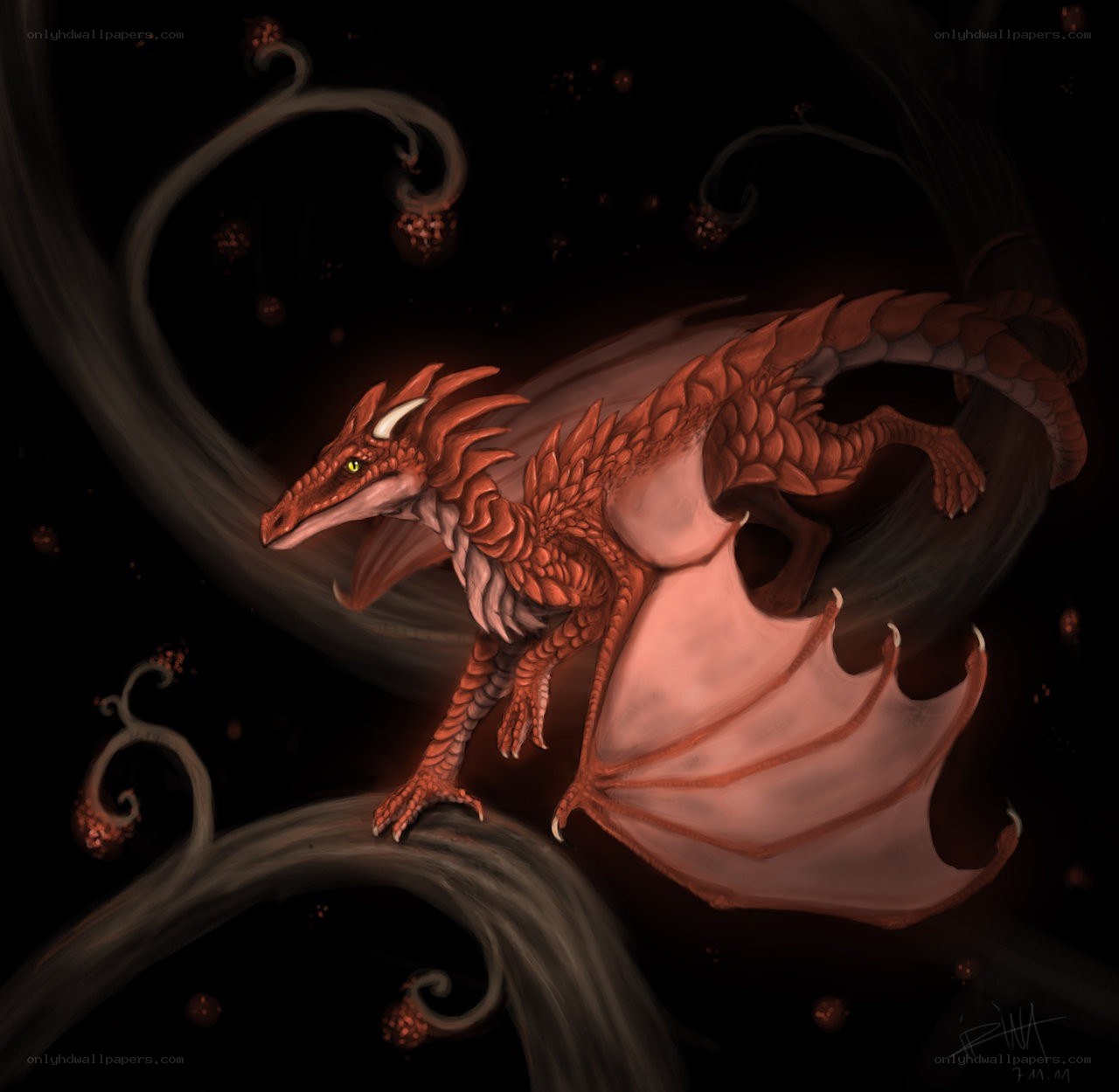 Red dragon on a branch