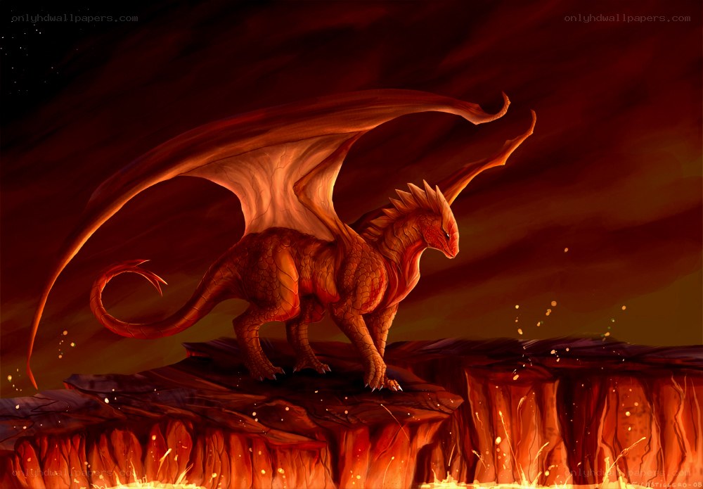 Red dragon on a cliff