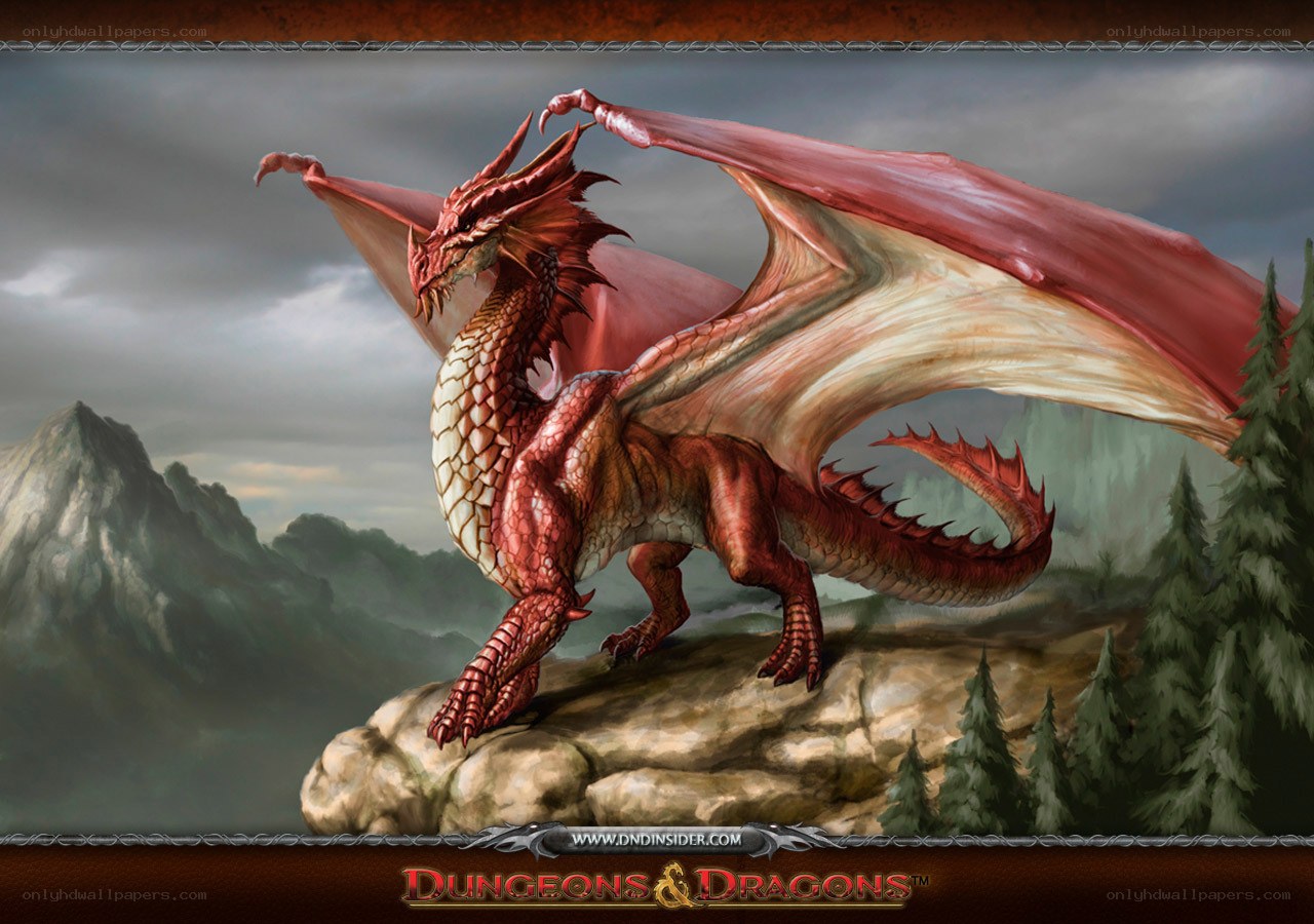 Red dragon on a cliff