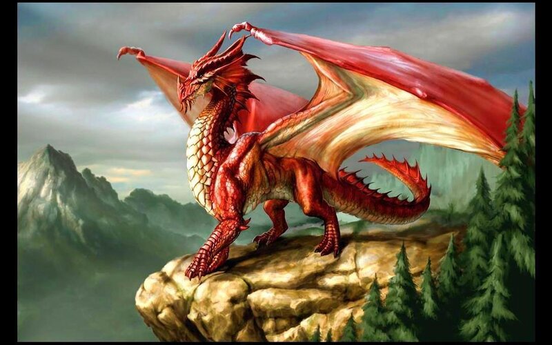 Red dragon on a cliff