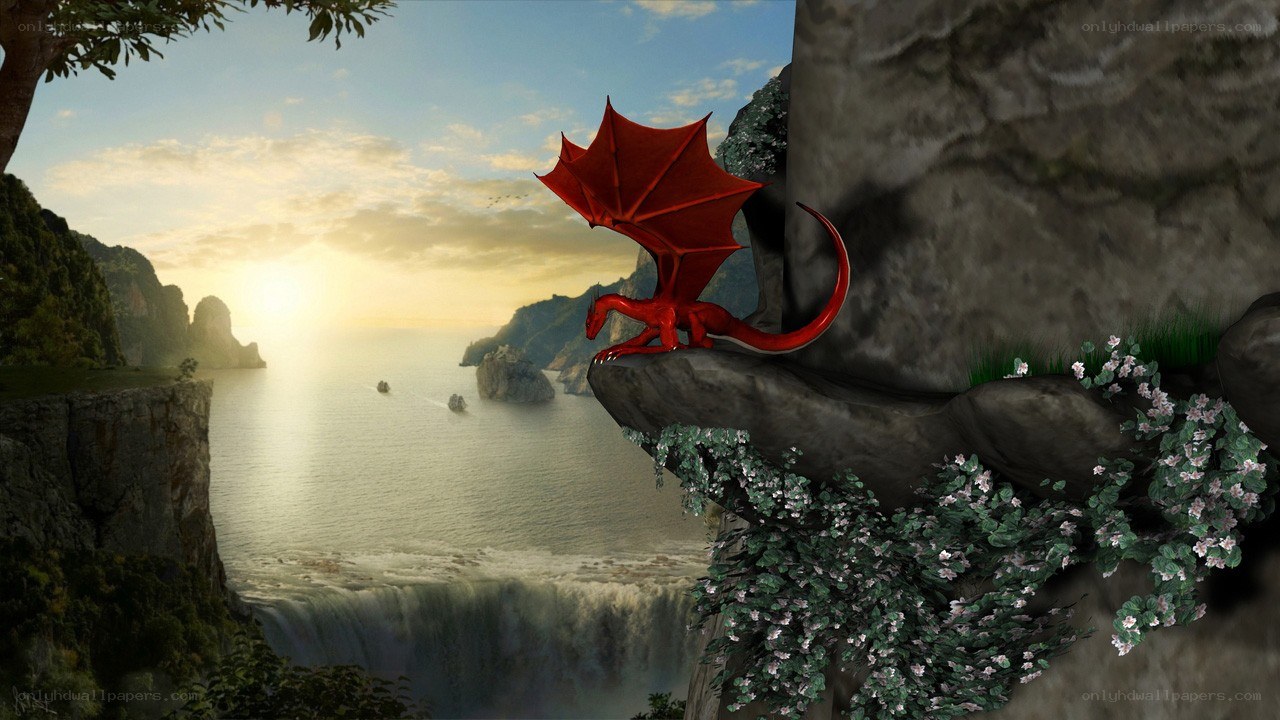 Red dragon on a cliff
