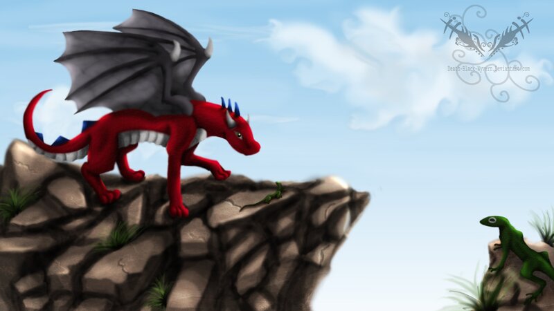 Red dragon on a cliff