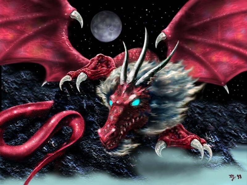 Red dragon on a moonlit cliff