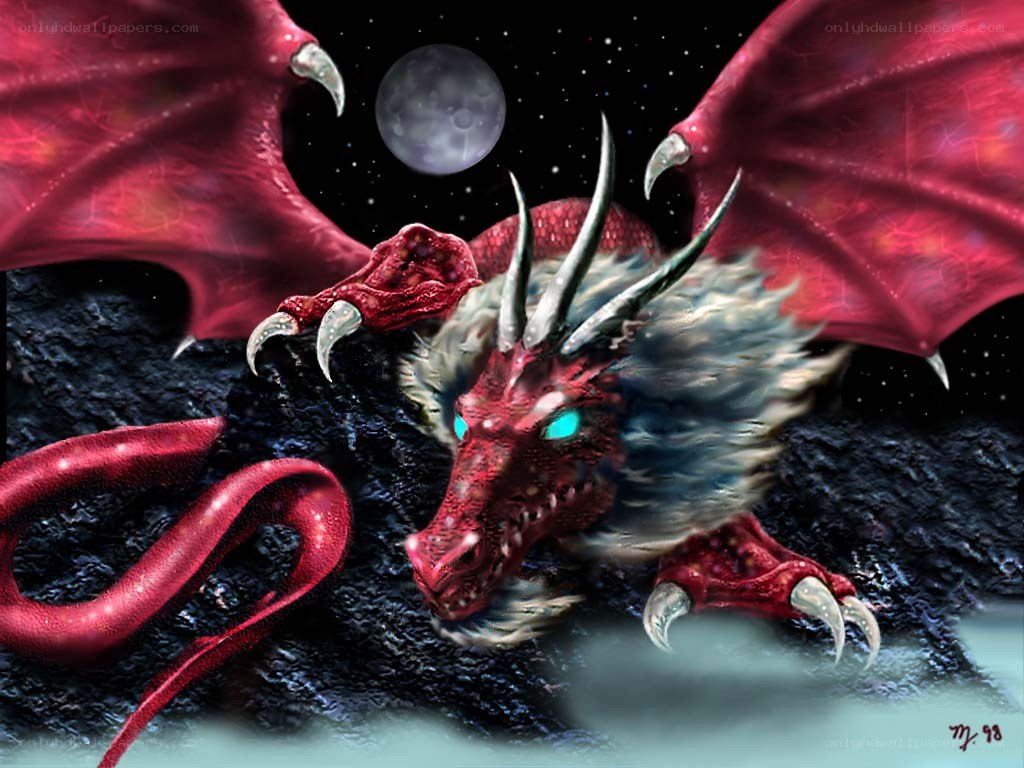 Red dragon on a moonlit planet