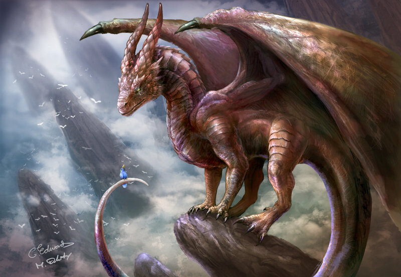 Red dragon on a mountain peak
