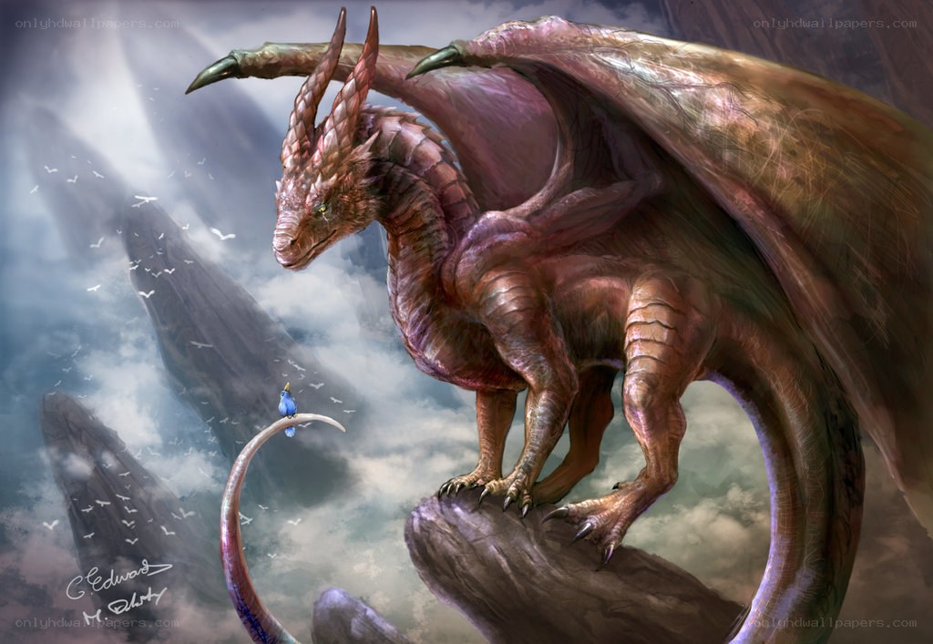 Red dragon on a mountain peak