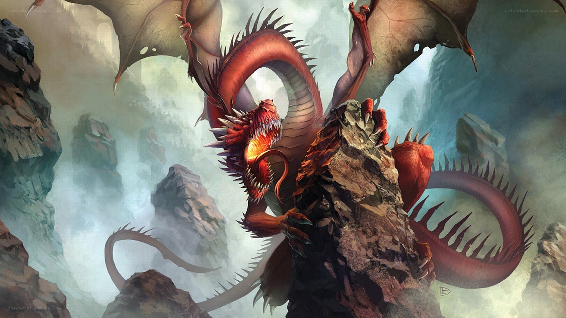 Red dragon on a rocky cliff