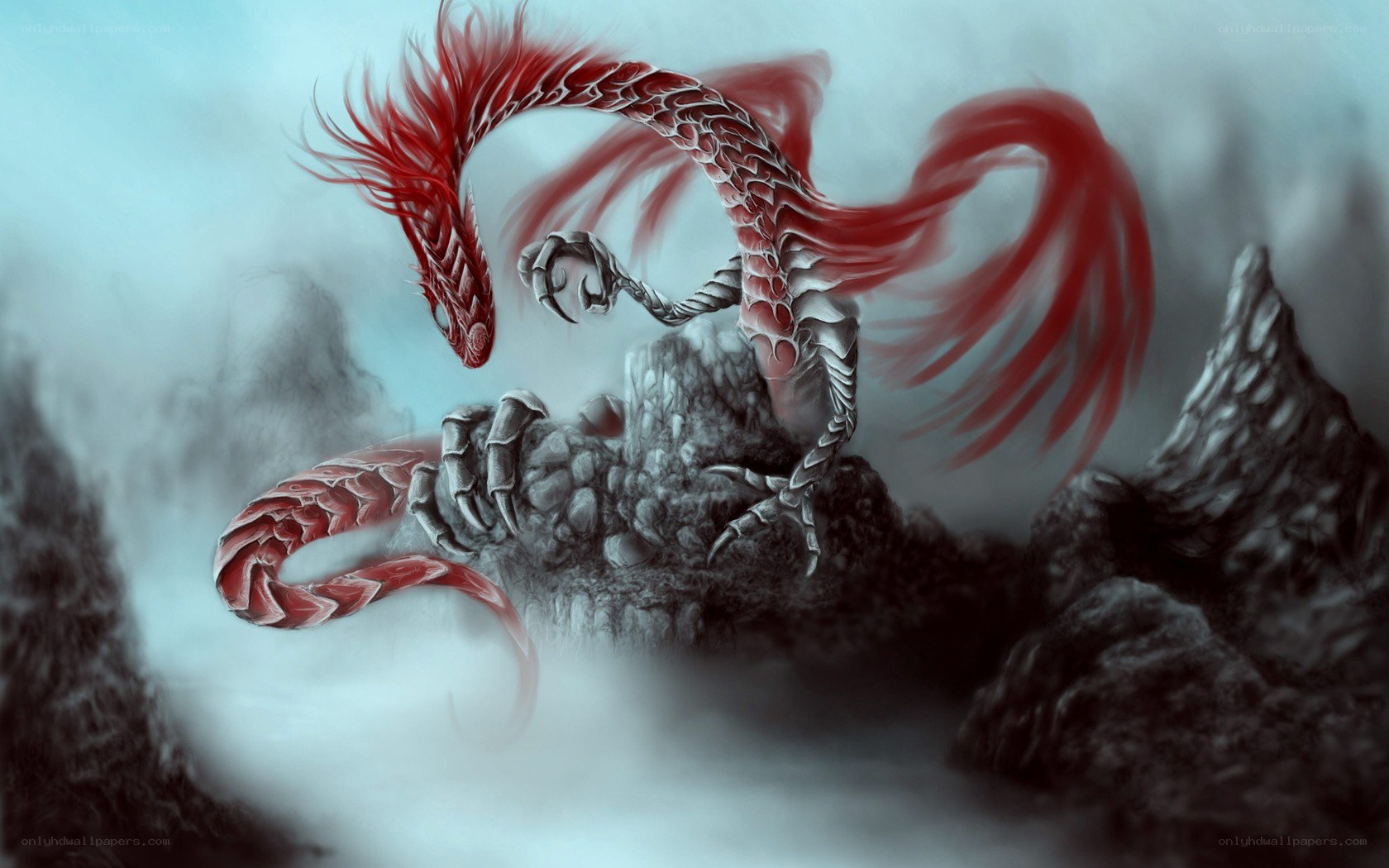 Red dragon on a rocky peak