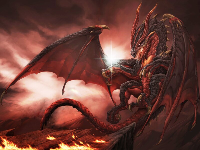 Red Dragon on Cliff — Dramatic, Digital Art, Fire, Clouds