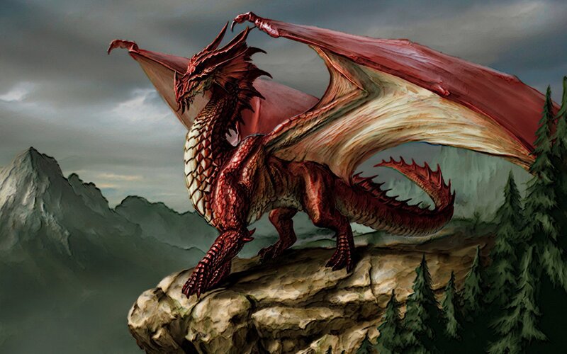 Red Dragon on Cliff — Dramatic, Digital Art, Mountains, Trees, Clouds