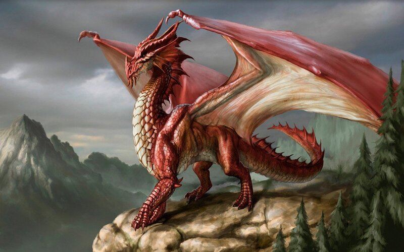 Red Dragon on Cliff — Dramatic, Digital Art, Mountains, Trees