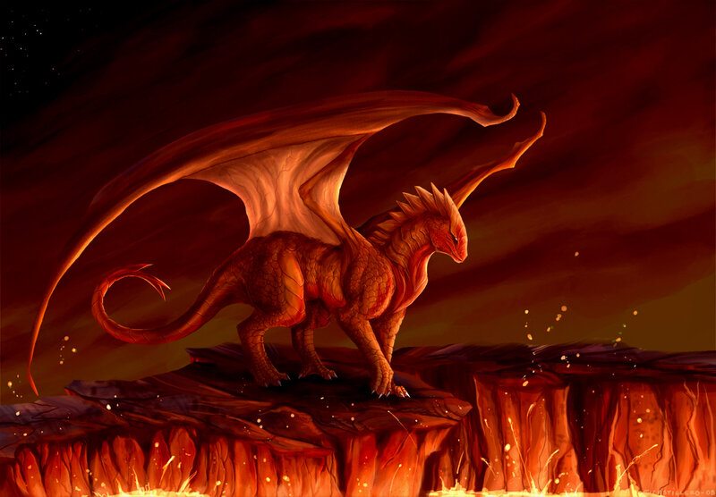 Red Dragon on Cliff — Dramatic, Night