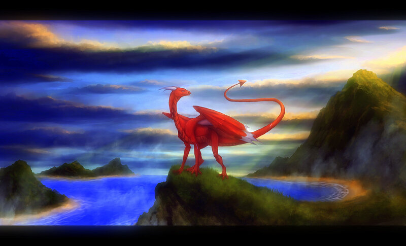 Red Dragon on Cliff — Dramatic, Sunset