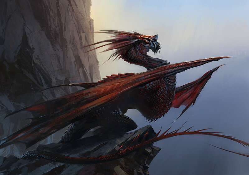 Red Dragon on Cliff — Dramatic