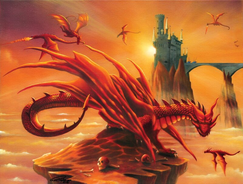 Red Dragon on Cliff — Orange