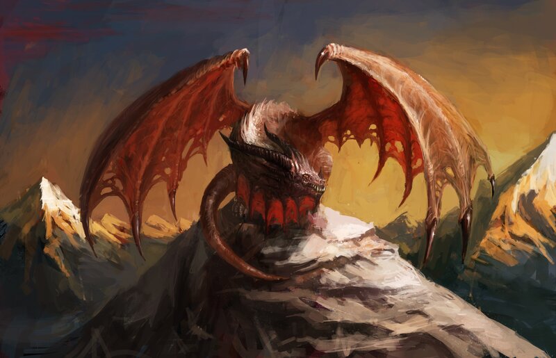 Red Dragon on Mountain — Dramatic, Sunset