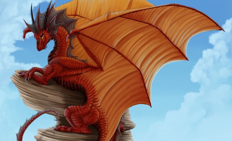 Red Dragon on Rock — Dramatic, Afternoon, Digital Art