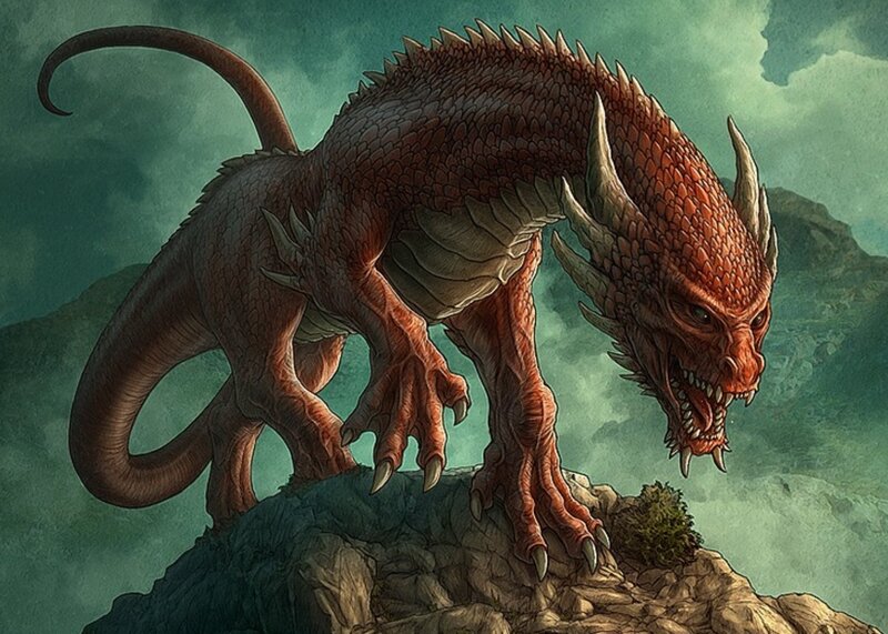 Red Dragon on Rock — Dramatic, Digital Art, Mountain