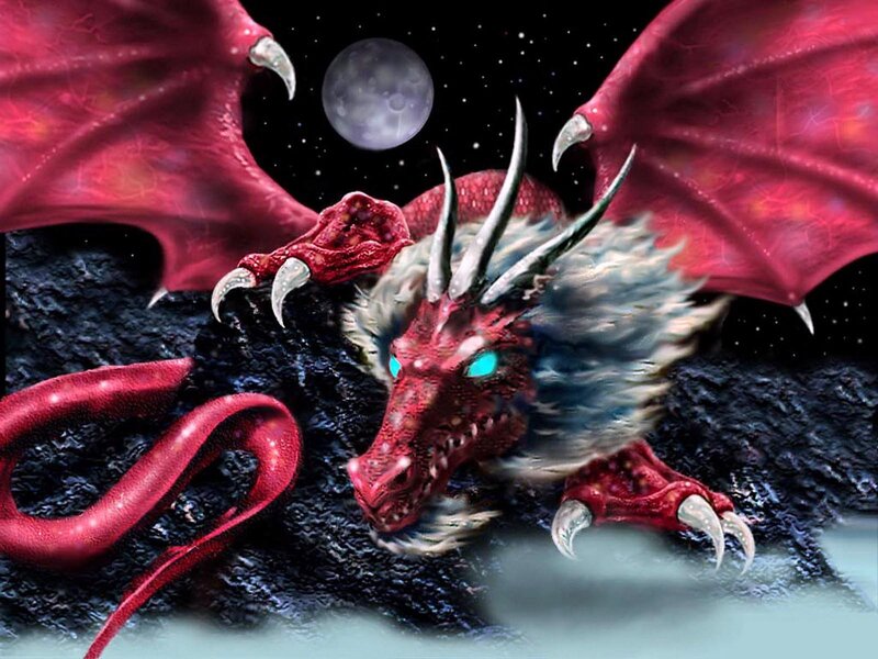 Red Dragon on Rock — Dramatic, Night