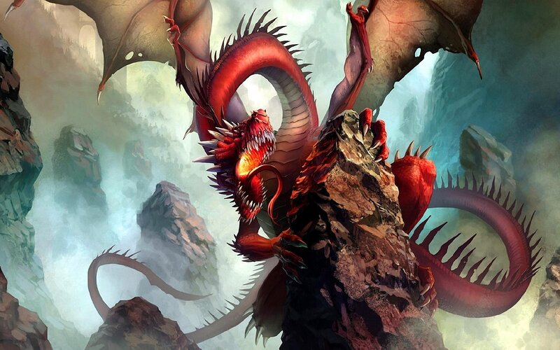 Red Dragon on Rocks — Dramatic
