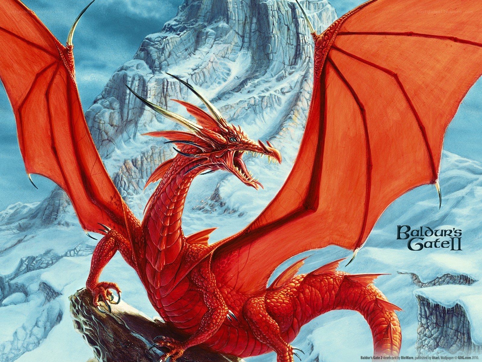 Red dragon on snowy mountain