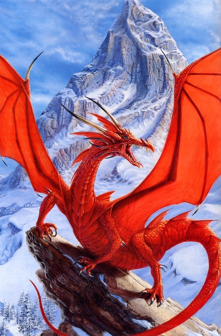 Red dragon on snowy mountain