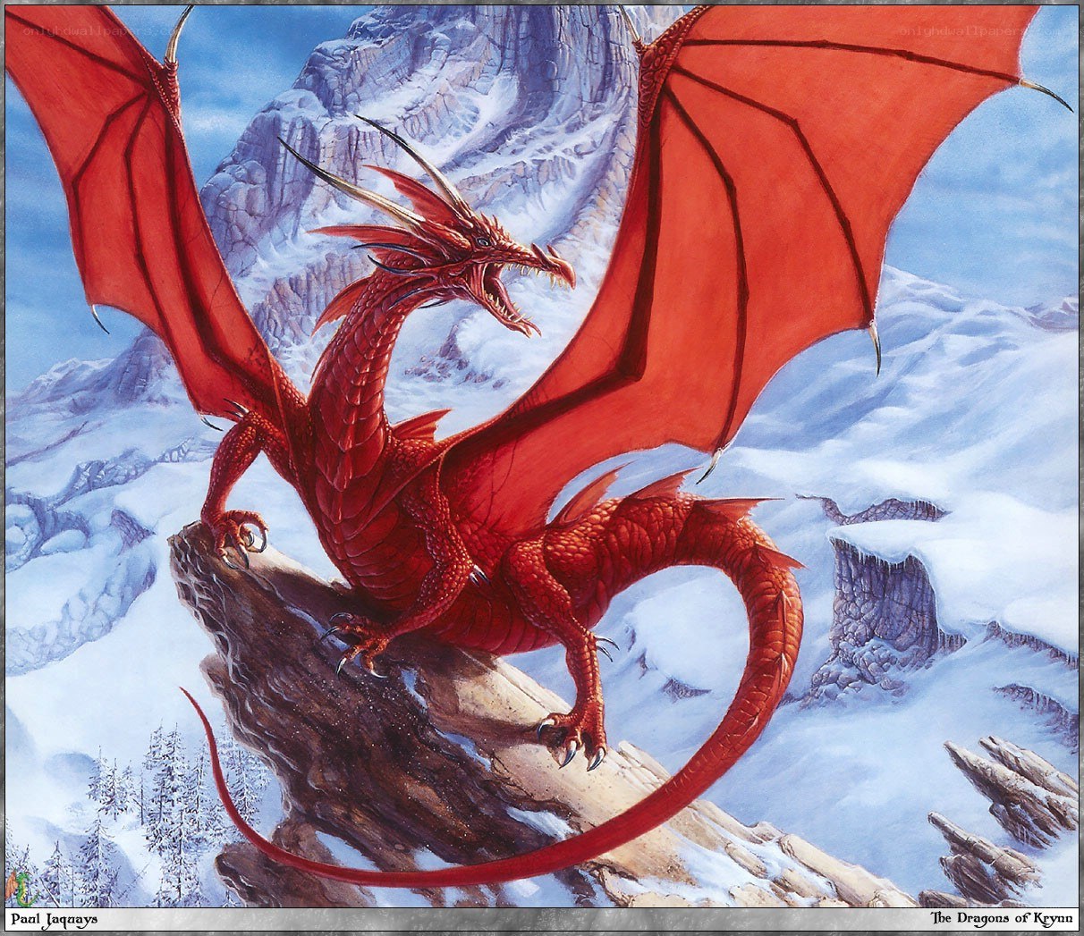 Red dragon on snowy mountain
