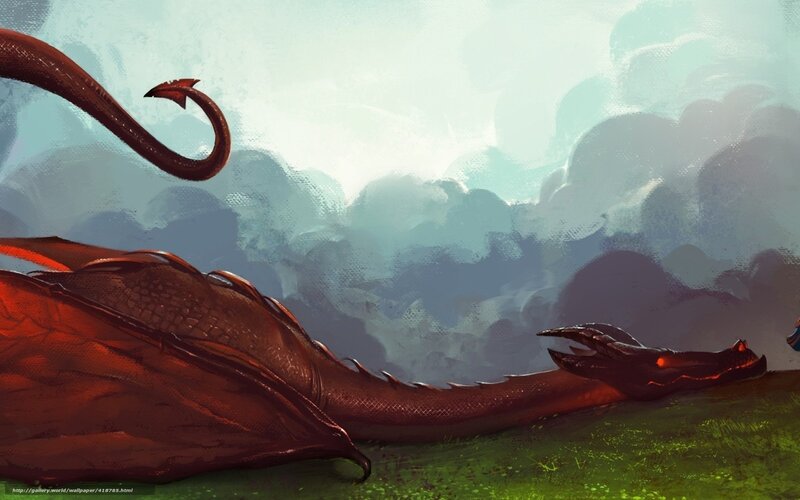 Red dragon resting on grass