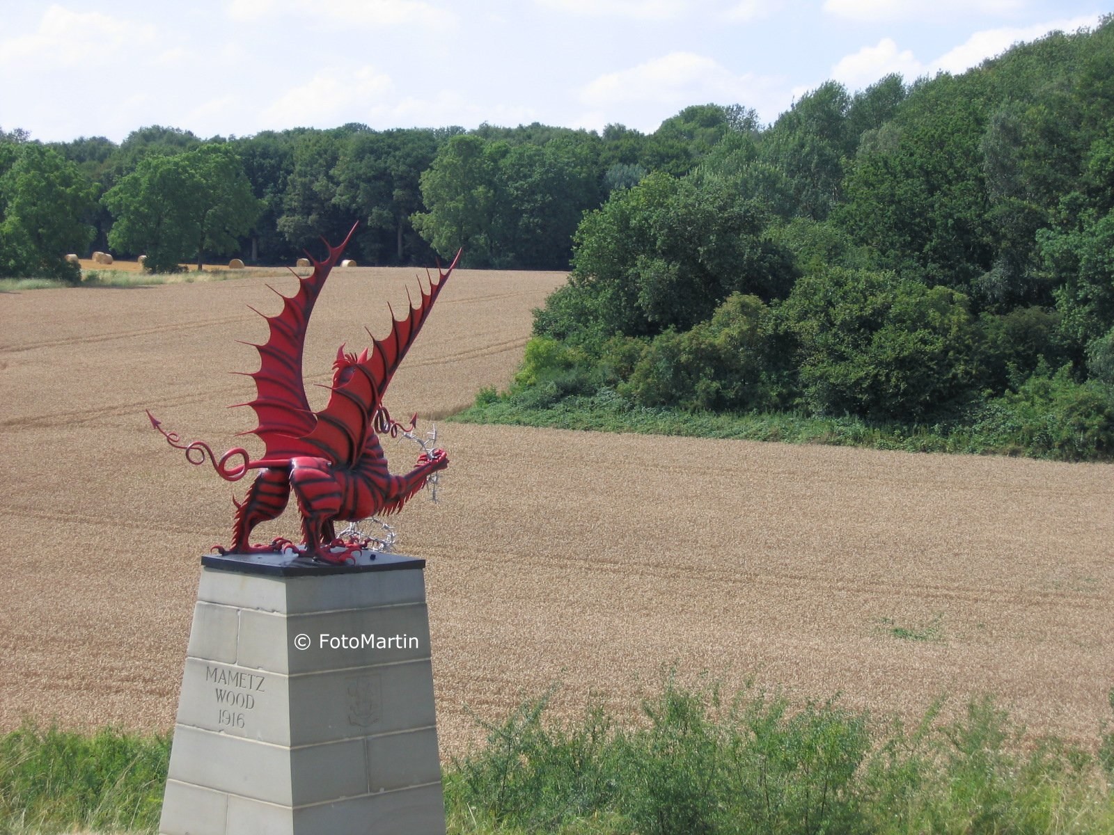 Red dragon sculpture in field