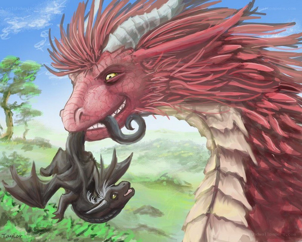 Red dragon with baby dragon