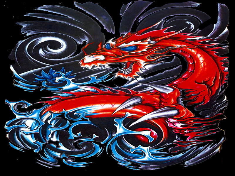 red dragon with blue water