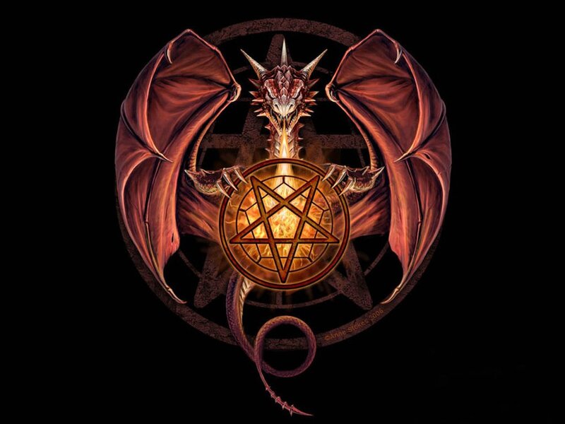 Red Dragon with Pentagram — Black, Dramatic, Digital Art