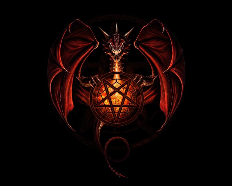 Red Dragon with Pentagram — Black, Dramatic, Digital Art, Wings