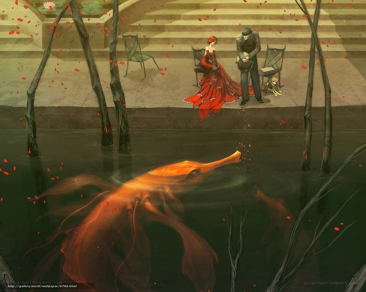 Red dress by the pond