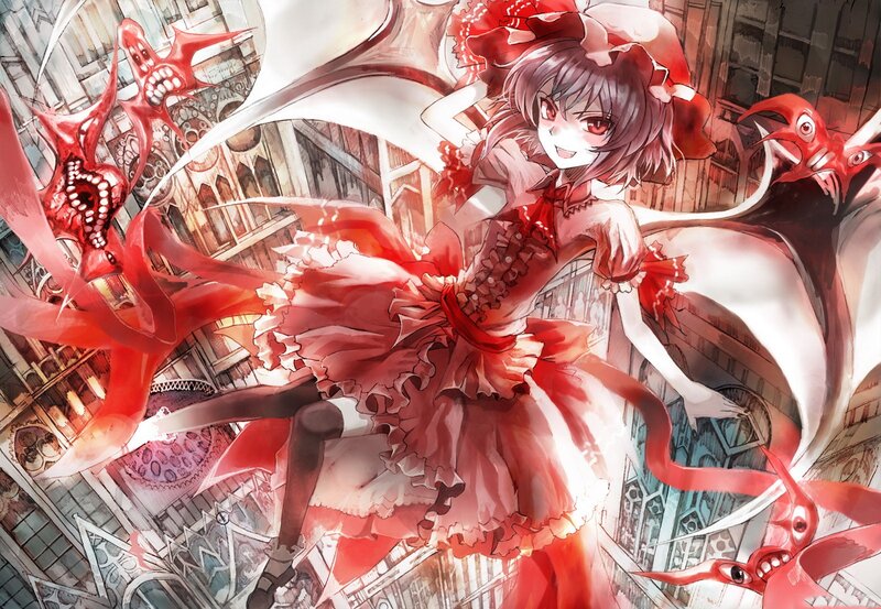 Red-dressed anime girl with monsters