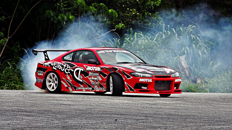 Red Drift Car — Dramatic, Afternoon, Photograph, Smoke